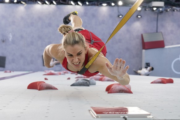 Petra Klingler, of Switzerland, during the speed qualification portion of the women&#039;s sport climbing competition at the 2020 Summer Olympics, Wednesday, Aug. 4, 2021, in Tokyo, Japan. (AP Photo/T ...