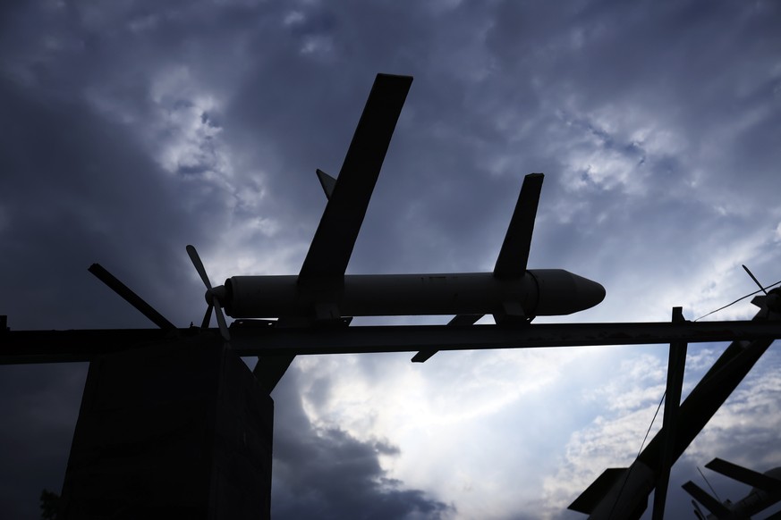 epa13176151 Mock missiles and drones made by Yemen's Houthis are displayed in a square in Sana'a, Yemen, 17 August 2026. Yemen's Houthis claimed responsibility for a missile attack on S ...