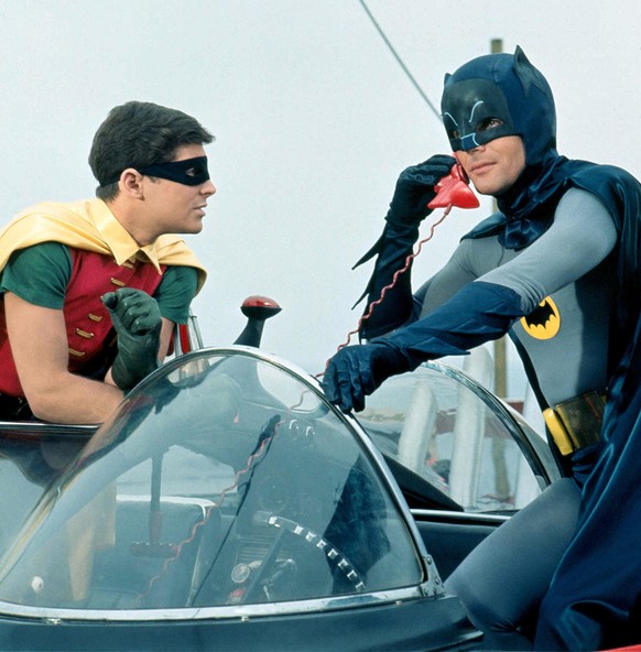 Adam West as Bruce Wayne/Batman and Burt Ward as Dick Grayson/Robin in the movie &#039;Batman&#039;, 1966. (Photo by Silver Screen Collection/Hulton Archive/Getty Images)