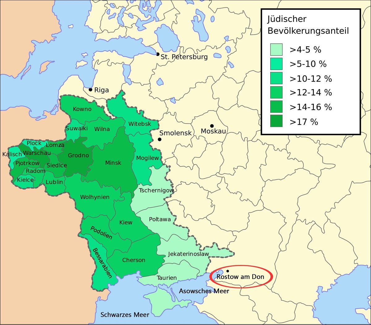 Zwischen Ende des 18. und Anfang des 20. Jahrhunderts wurde das Wohn- und Arbeitsrecht der jüdischen Bevölkerung im Russischen Kaiserreich auf den Ansiedlungsrayon beschränkt. Das Gebiet war zuvor grö ...