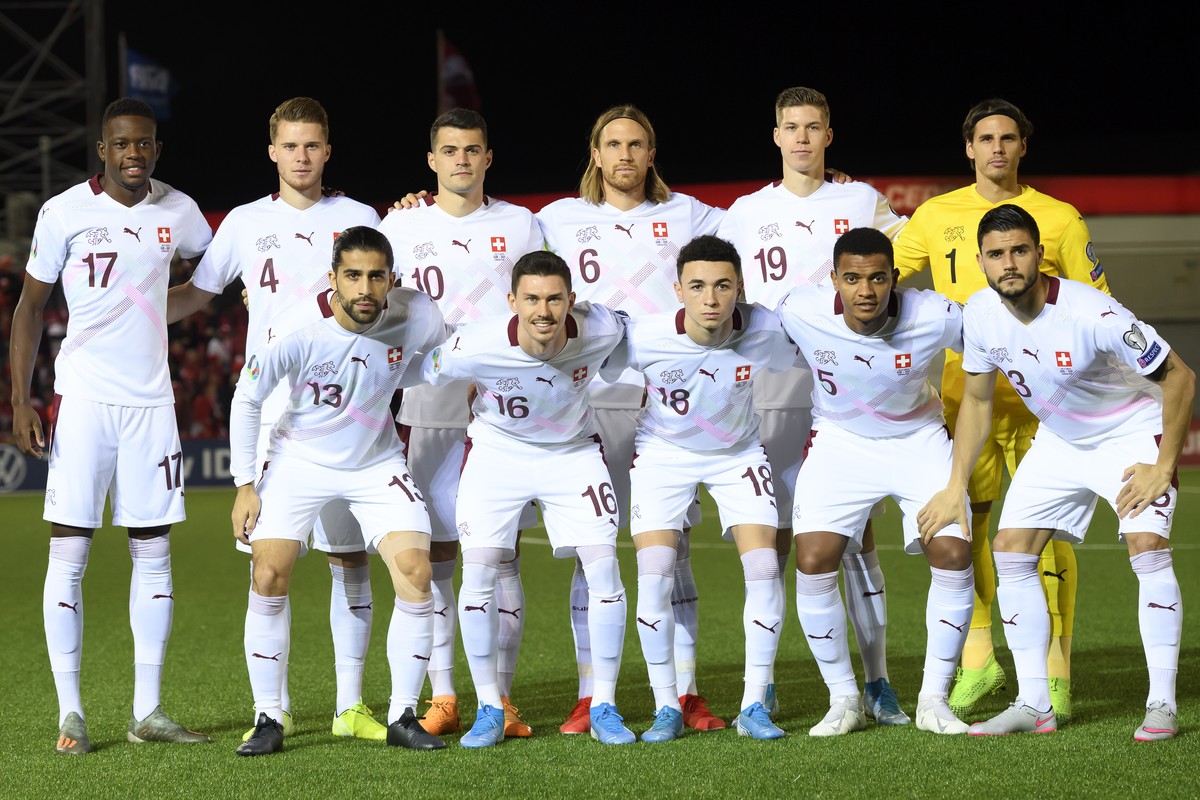 From left-top, Switzerland's players Denis Zakaria, Nico Elvedi, Granit Xhaka, Michael Lang, Cedric Itten,Yann Sommer, and from left-down, Ricardo Rodriguez, Christian Fassnacht, Ruben Vargas, Ma ...