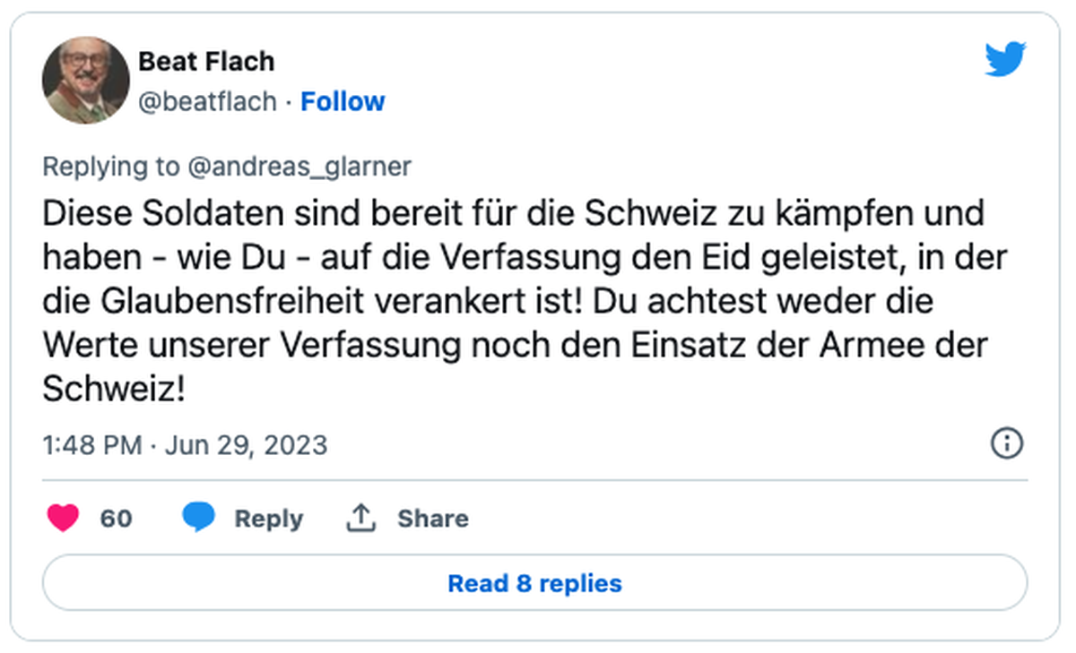 Um den Beginn des islamischen Opferfests Bayram zu begehen, hat die Schweizer Armee eine muslimische Feldpredigt abgehalten. SVP-Glarner reagiert empört, GLP-Flach reagiert trocken.