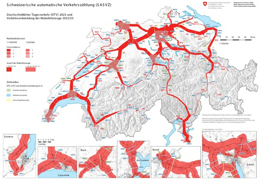 Wo das Verkehrsaufkommen auf den Schweizer Nationalstrassen am höchsten ist.