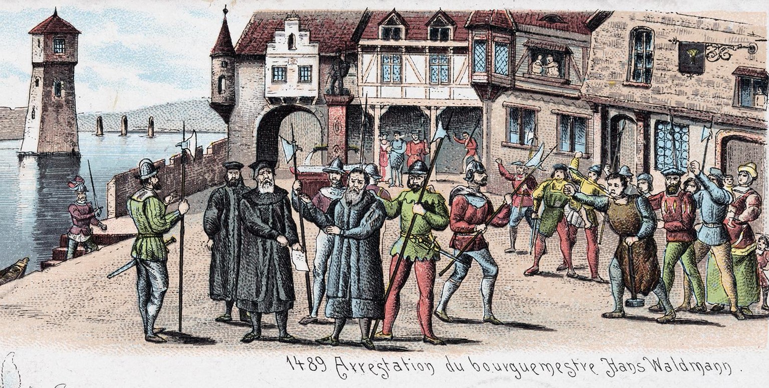 Die Verhaftung von Bürgermeister Hans Waldmann. Historische Postkarte von 1893 (Ausschnitt).
