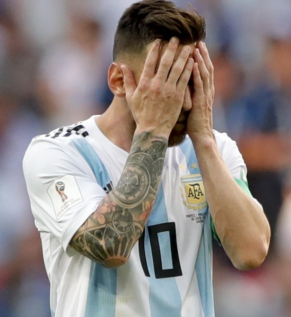 Argentina&#039;s Lionel Messi reacts during the round of 16 match between France and Argentina, at the 2018 soccer World Cup at the Kazan Arena in Kazan, Russia, Thursday, June 28, 2018. (AP Photo/Ric ...