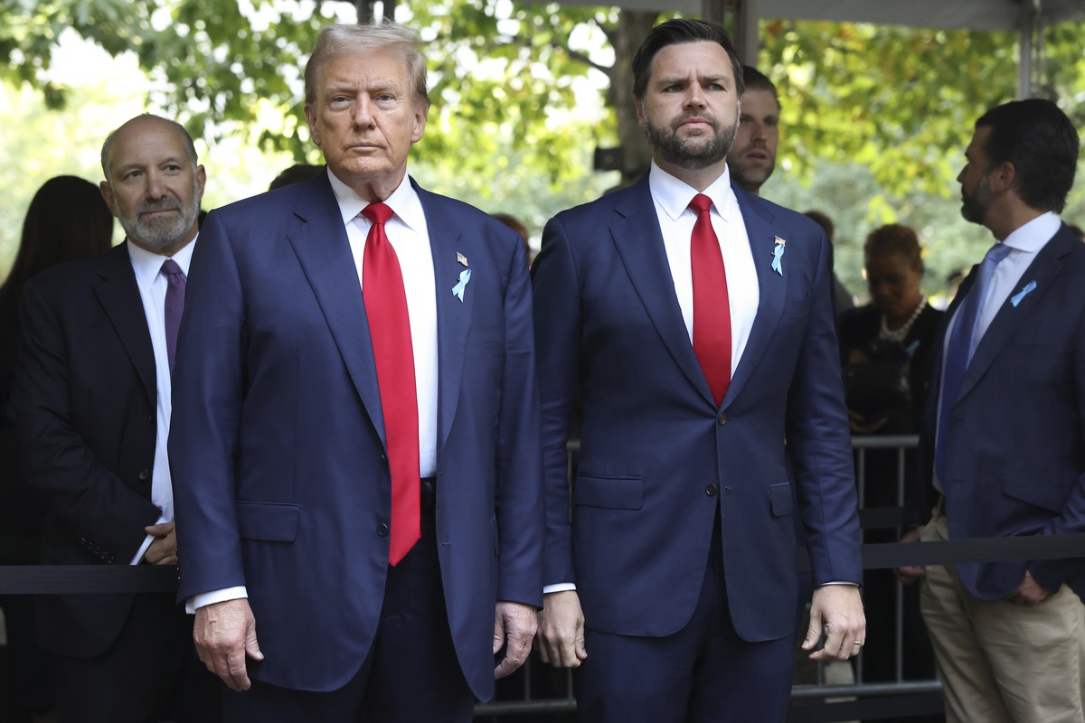 Republican presidential nominee former President Donald Trump, left, and Republican vice presidential nominee Sen. JD Vance, R-Ohio, arrive at the 9/11 Memorial on the 23rd anniversary of the Sept. 11 ...
