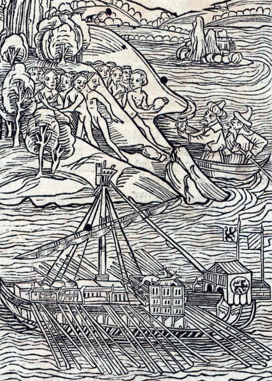 12. Oktober 1492: Kolumbus ging – entgegen seiner Überzeugung – nicht auf einer Insel vor Indien an Land, sondern auf einer Bahamasinsel, die von den Eingeborenen Guanahani genannt wurde. Holzschnitt zur Illustration von Kolumbus' erstem Reisebericht «<em>Epistola de insulis nuper inventis»</em>, 1493.