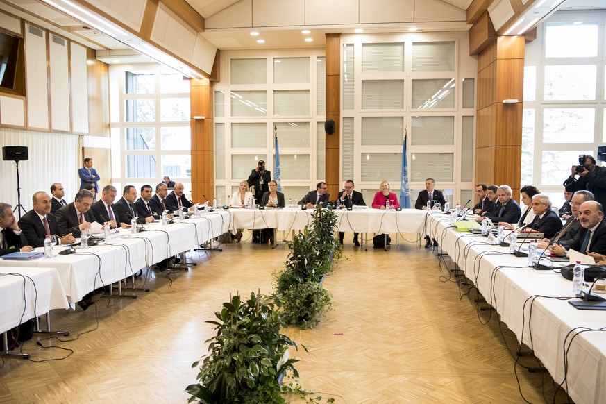 A general view show the Turkish delegation and Turkish Cypriot delegation on the left side, the UN delegation on the center, and the Greek Cypriot delegation and Greek delegation on the right side at  ...