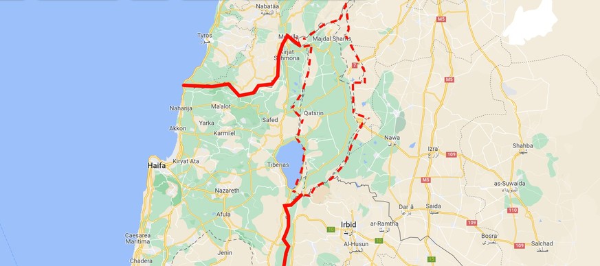 Die äusseren Grenzen der Golanhöhen. Am Ostrand kann die Pufferzone erkannt werden. Im Südwesten des Gebietes liegt der See Genezareth.