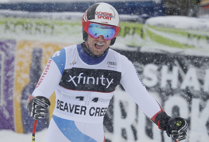 Switzerland&#039;s Mauro Caviezel reacts after finishing a Men&#039;s World Cup super-G skiing race Saturday, Dec. 1, 2018, in Beaver Creek, Colo. (AP Photo/John Locher)