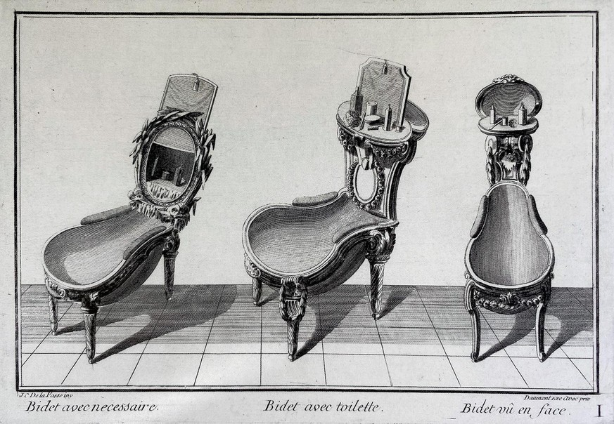 Drei Bidet-Entwürfe von Jean Charles Delafosse, Paris um 1770, illustrieren, wie aufwändig diese Hygienemöbel für gehobene Kreise im 18. Jahrhundert gestaltet sein konnten.
https://sammlung.mak.at/sam ...