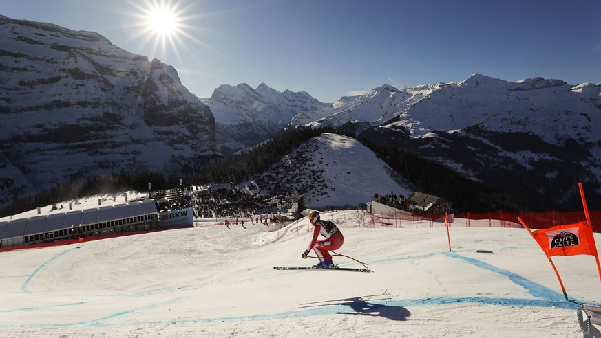 FILE - In this Saturday, Jan. 19, 2019 file photo, Monaco&#039;s Arnaud Alessandria speeds down the course during an alpine ski, men&#039;s World Cup downhill in Wengen, Switzerland. The signature Alp ...