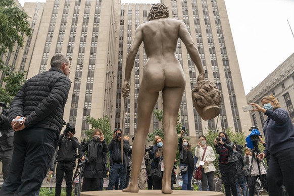 Medusa With The Head unveiling sculpture in NYC View of Medusa With The Head of Perseus MWTH sculpture unveiled in Collect Pond Park in honor the Me Too movement. Sculpture inverts the narrative of my ...