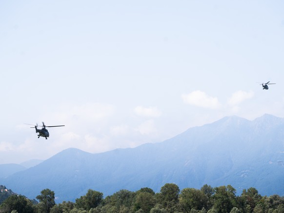 Swiss Army Super Puma helicopters taking off from the military airport at Locarno-Magadino for a direct support mission in France, to help tackle the forest fires in Corsica, Locarno-Magadino, Tuesday ...