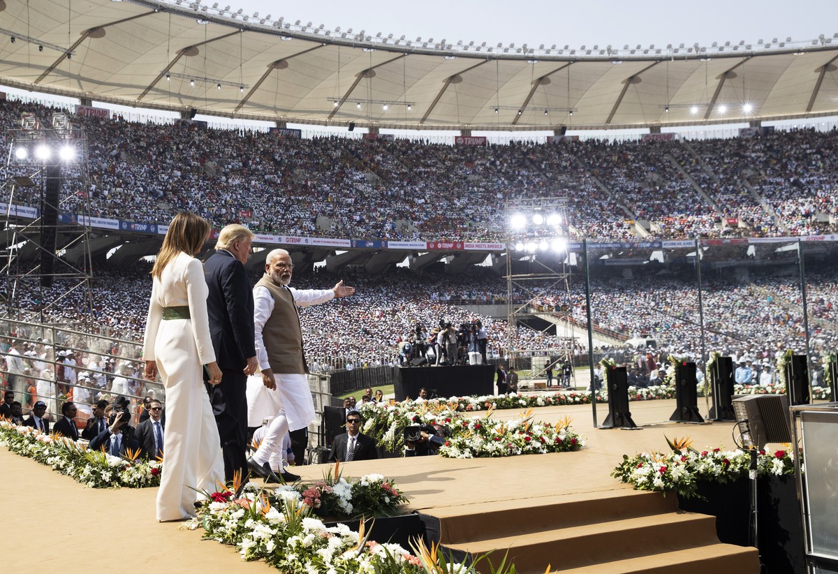 U.S. President Donald Trump, first lady Melania Trump, and Indian Prime Minister Narendra Modi arrive for a "Namaste Trump," event at Sardar Patel Stadium, Monday, Feb. 24, 2020, in Ahmedaba ...