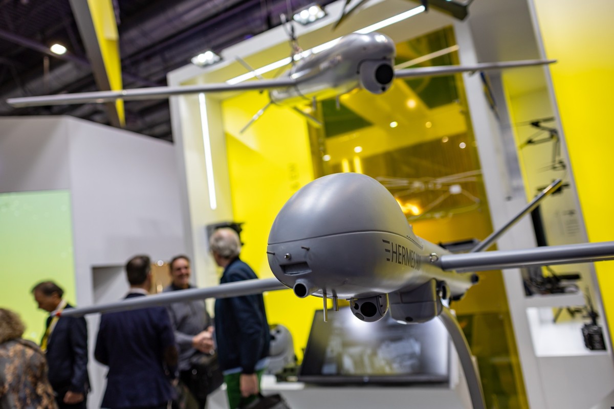 epa12140980 Hermes 900 drone by Elbit Systems is on display on the opening day of the international defense and security technologies fair IDET, in Brno, Czech Republic, 28 May 2025. Over 650 exhibito ...