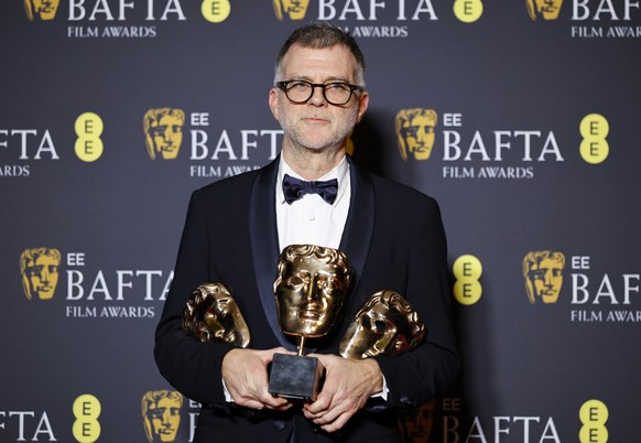 epaselect epa12769970 Director Paul Thomas Anderson poses in the press room after winning the awards for Best Film, Best Adapted Screenplay, and Best Director for 'One Battle After Another'  ...