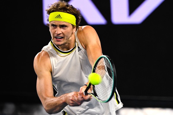 epa09011509 Alexander Zverev of Germany in action during his men&#039;s singles fourth round match against Dusan Lajovic of Serbia at the Australian Open Grand Slam tennis tournament at Melbourne Park ...