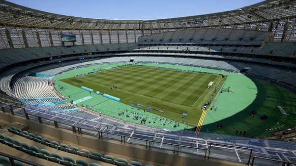 A general view of the Baku Olympic Stadium in Baku, Azerbaijan, Friday, June 11, 2021 the day before the Euro 2020 soccer championship group A match between Wales and Switzerland. (AP Photo/Darko Vojinovic)