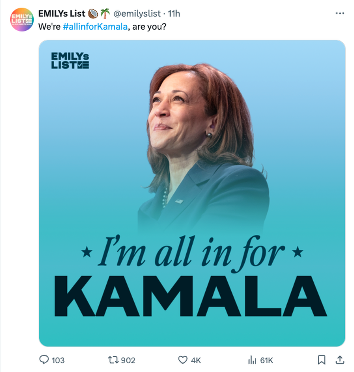 Le PAC Emily's List a agrémenté son nom d'utilisateur d'une noix de coco et d'un cocotier, un clin d'oeil à Kamala Harris.