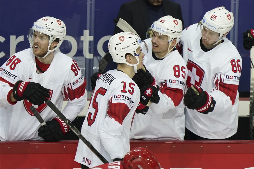 Gregory Hofmann of Switzerland celebrate a goal during the Ice Hockey World Championship group A match between the Belarus and Switzerland at the Olympic Sports Center in Riga, Latvia, Sunday May 30,  ...