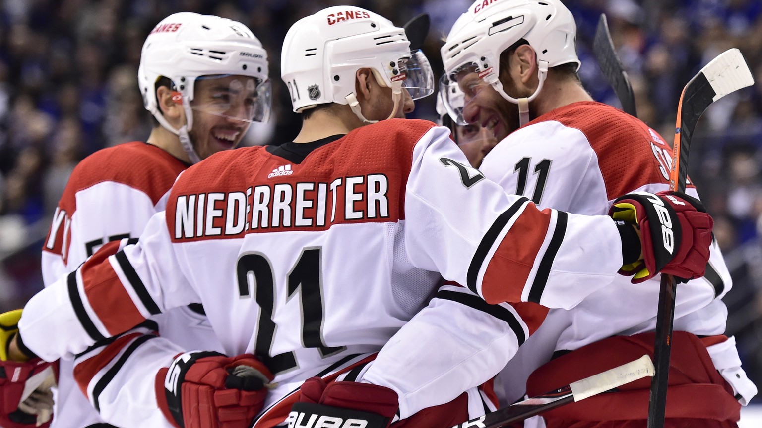 Carolina Hurricanes center Jordan Staal (11) celebrates his goal against Toronto Maple Leafs goaltender Garret Sparks with teammates during the third period of an NHL hockey game, Tuesday, April 2, 20 ...