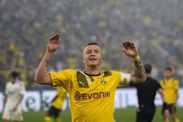 Dortmund&#039;s Marco Reus reacts during the Champions League Group G soccer match between Borussia Dortmund and FC Copenhagen in Dortmund, Germany, Tuesday, Sept. 6, 2022. (AP Photo/Martin Meissner)