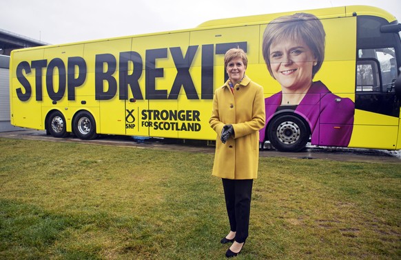 Scottish National Party (SNP) leader Nicola Sturgeon launches the party&#039;s election campaign bus, featuring a portrait of herself, at Port Edgar Marina in the town of South Queensferry, Scotland,  ...