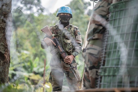 FILE - A MONUSCO blue helmet deployed near Kibumba, north of Goma, Democratic Republic of Congo, on Jan. 28, 2022. (AP Photo/Moses Sawasawa, File)
UN Congo Peacekeeping