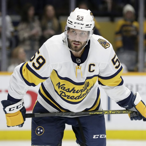 FILE - In this Sunday, Feb. 16, 2020 file photo, Nashville Predators defenseman Roman Josi, of Switzerland, plays against the St. Louis Blues in the third period of an NHL hockey game in Nashville, Te ...