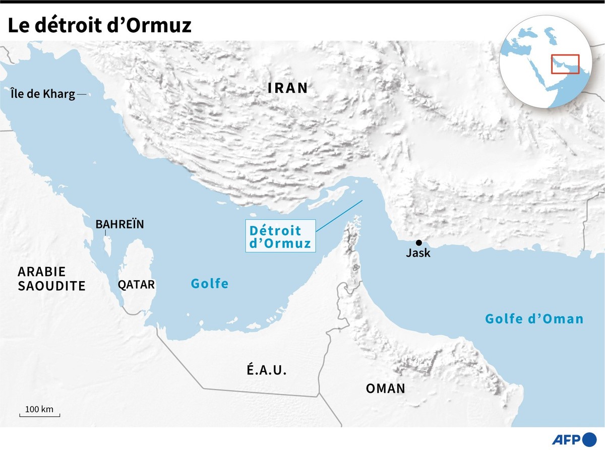 Carte localisant le détroit d'Ormuz ainsi que les ports de Jask et de l'île de Kharg en Iran.