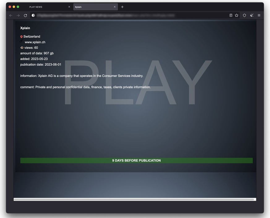 Die Ransomware-Bande Play droht auf ihrer Leak-Site mit der Veröffentlichung von Daten, die der Schweizer Software-Firma Xplain AG gestohlen wurden.