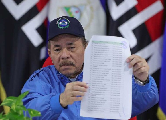epa10458332 A handout photo made available by the Nicaraguan Presidency shows the president of Nicaragua, Daniel Ortega holding the list of names of the 222 political prisoners that were released duri ...