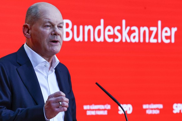 epa11749087 German Chancellor Olaf Scholz from the Social Democratic Party (SPD) delivers first campaign speech ahead of 2025 federal elections in SPD party headquarters, in Berlin, Germany, 30 Novemb ...