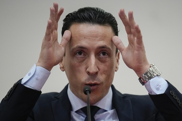 Lawyer Eduardo Carlezzo gestures during a press conference by the Chilean soccer federation asking FIFA to investigate whether Ecuador&#039;s national soccer team player Byron Castillo is actually Col ...