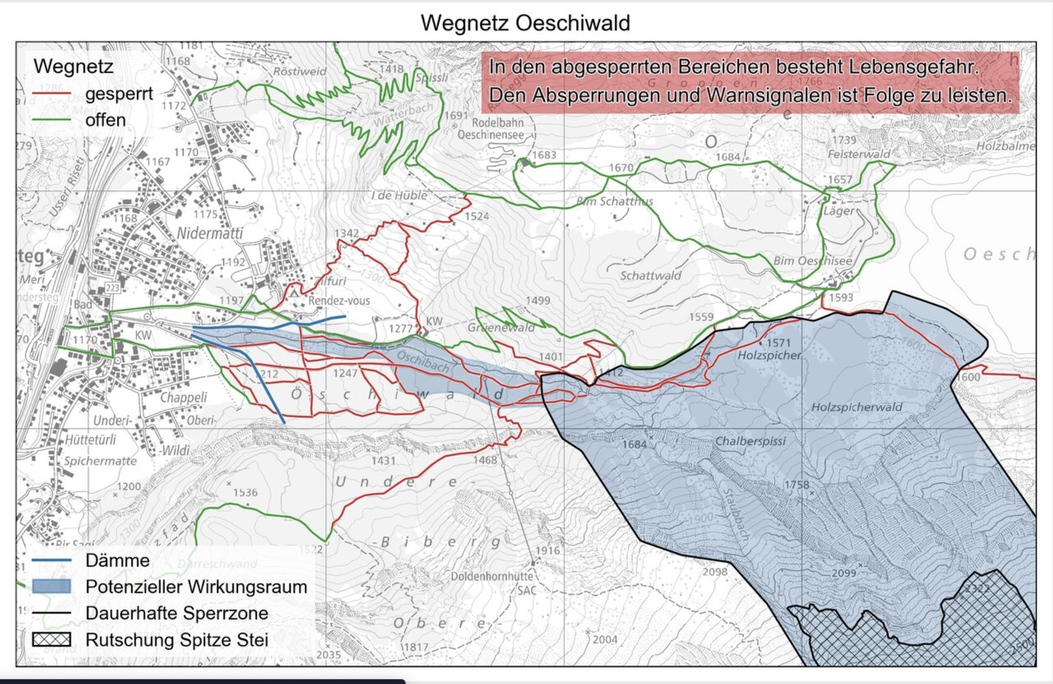 Die Sperrung des Oeschiwalds ab Höhe Damm wird über das Wochenende hinaus beibehalten, dies insbesondere wegen der unsicheren Wetterentwicklung am Samstag und Sonntag.