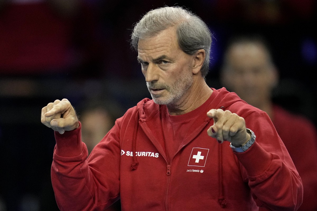 Switzerland team captain Heinz Guenthardt gestures to Switzerland's Jil Teichmann during her final match of the Billie Jean King Cup tennis finals against Australia's Storm Sanders, at the E ...
