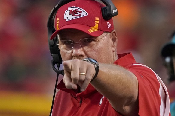 Kansas City Chiefs head coach Andy Reid watches from the sidelines during the first half of an NFL football game against the Minnesota Vikings Friday, Aug. 27, 2021, in Kansas City, Mo. (AP Photo/Ed Z ...