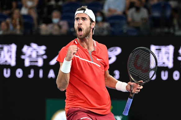 epa09699712 Karen Khachanov of Russia reacts during his third round Men?s singles match against Rafael Nadal of Spain on Day 5 of the Australian Open Tennis Tournament at Melbourne Park in Melbourne,  ...