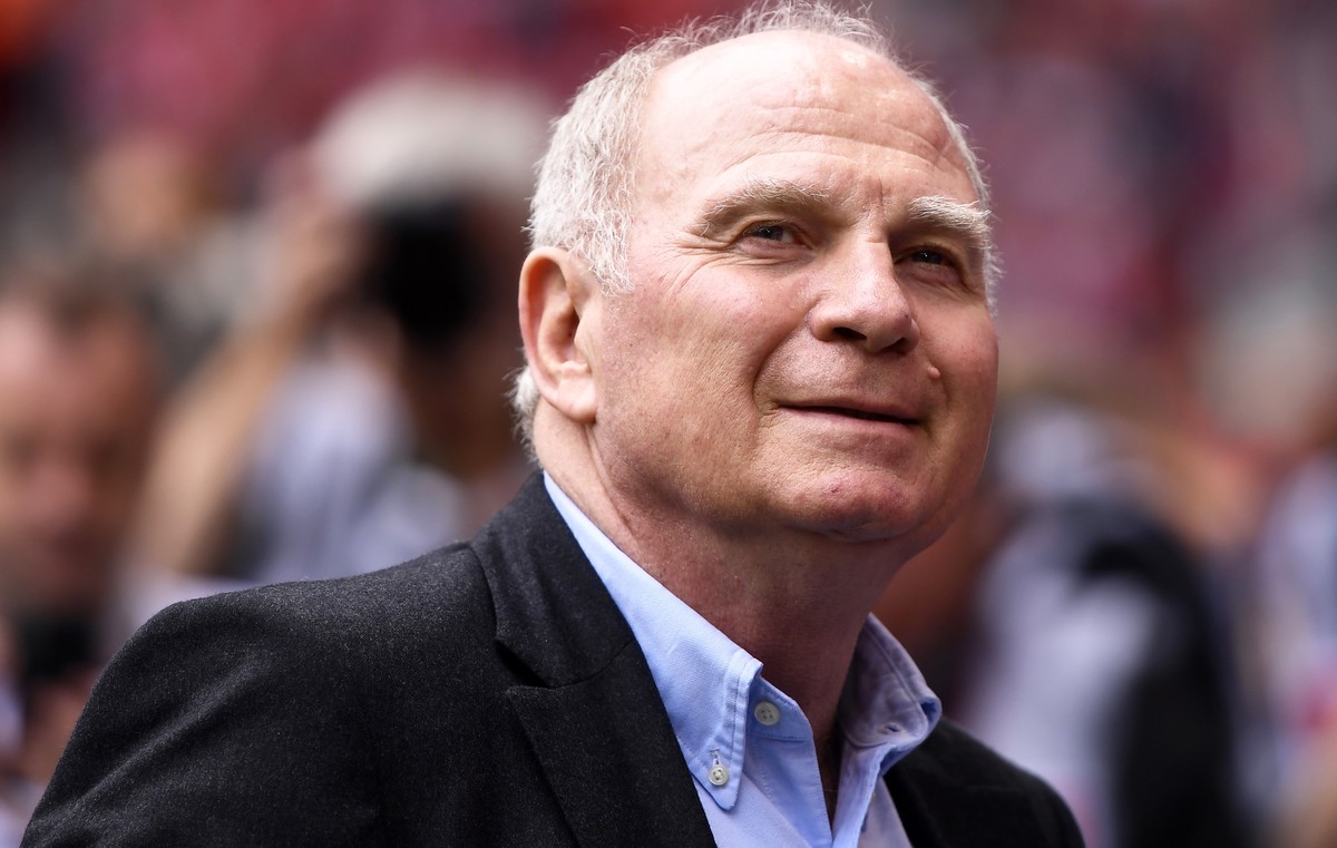 epa07580941 Bayern's president Uli Hoeness smiles before the German Bundesliga soccer match between FC Bayern Munich and Eintracht Frankfurt in Munich, Germany, 18 May 2019. EPA/PHILIPP GUELLAND  ...