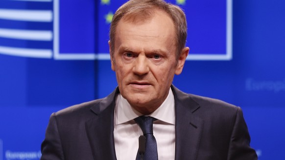 European Council President Donald Tusk speaks during a media conference on Brexit at the Europa building in Brussels, Wednesday, March 20, 2019. EU chief Donald Tusk conditions Brexit extension on UK  ...