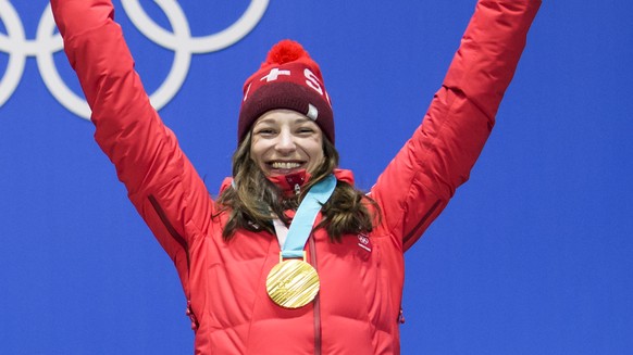 Gold medal winner Sarah Hoefflin of Switzerland celebrates during the victory ceremony on the Medal Plaza for the women Freestyle Skiing Slopestyle final at the XXIII Winter Olympics 2018 in Pyeongcha ...