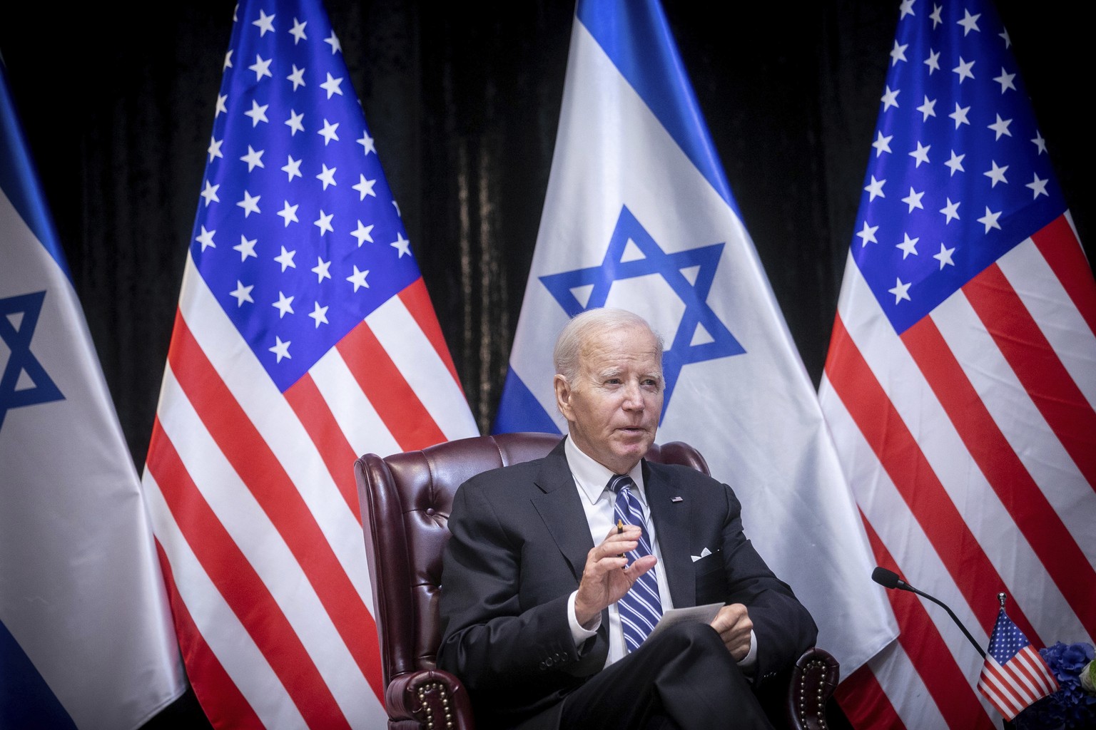US President Joe Biden speaks during a meeting with Israeli Prime Minister Benjamin Netanyahu to discuss the war between Israel and Hamas, in Tel Aviv, Israel, Wednesday, October 8.  18, 2023. (Miriam Alst...