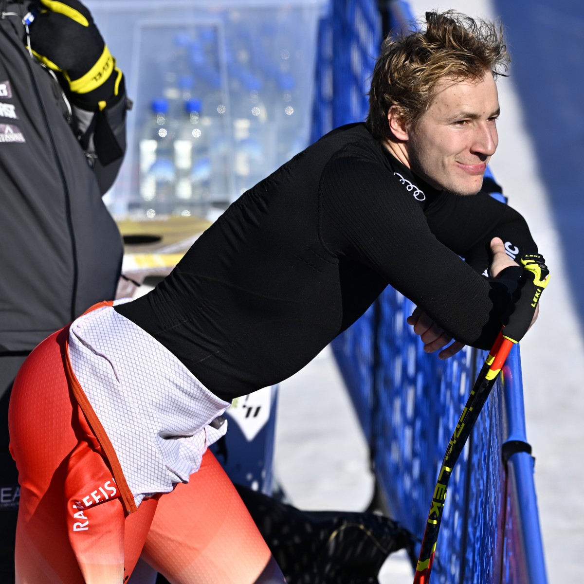 Marco Odermatt of Switzerland reacts in the finish area during the men's super-g race at the 2023 FIS Alpine Skiing World Championships in Courchevel/Meribel, France, Thursday, February 9, 2023.  ...