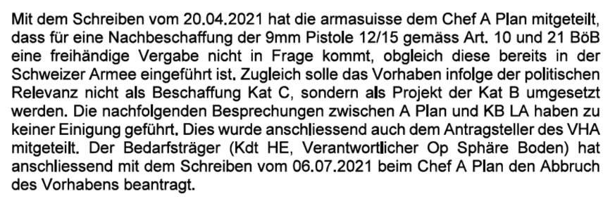 Auszug aus einem internen Armee-Dokument zur Beschaffung der neuen Armeepistole.
