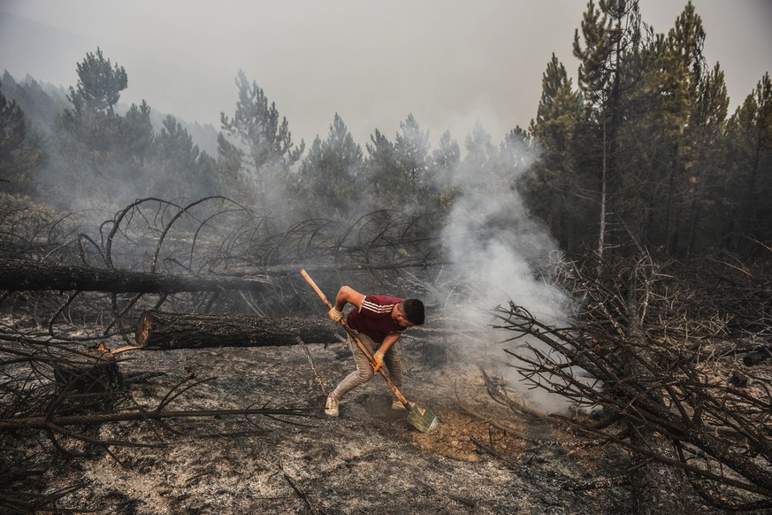 A man works to put off a fire in a forest near the Kemerkoy Power Plant, a coal-fueled power plant, in Milas, Mugla in southwest Turkey, Thursday, Aug. 5, 2021. A wildfire that reached the compound of ...