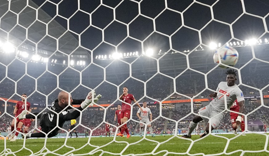Switzerland&#039;s Breel Embolo scores his side&#039;s second goal against Serbia&#039;s goalkeeper Vanja Milinkovic-Savic during the World Cup group G soccer match between Serbia and Switzerland, at  ...