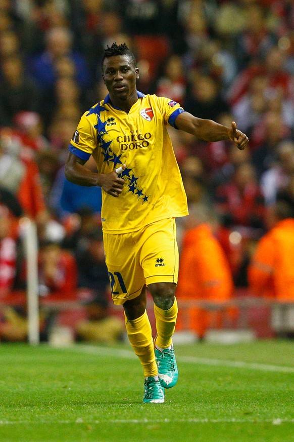 LIVERPOOL, ENGLAND - OCTOBER 01: Ebenezer Assifuah of FC Sion celebrates scoring their first goal during the UEFA Europa League group B match between Liverpool FC and FC Sion at Anfield on October 1,  ...