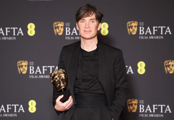 epa11165094 Cillian Murphy after winning the Best Actor award for Oppenheimer in the press room during the BAFTA Film Awards at the Royal Festival Hall in London, Great Britain, February 18, 2024. ...