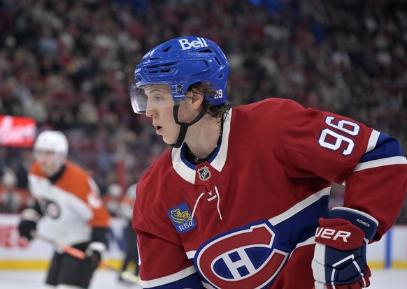 NHL, Eishockey Herren, USA Preseason-Philadelphia Flyers at Montreal Canadiens Sep 23, 2025 Montreal, Quebec, CAN Montreal Canadiens forward Vinzenz Rohrer 96 plays the puck during the second period a ...
